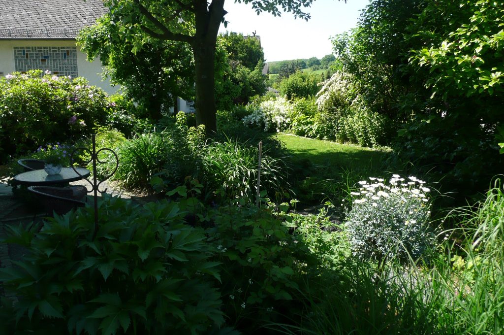 Cottage Garten, neu designed mit blühenden Stauden und Sträuchern, Gräsern und altem Baumbestand.