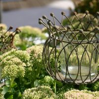 Gartendekoration | Windlicht aus Glas und Metall | Fetthenne im Beet | Moderner Familiengarten in Bruchköbel | Neugestaltung Planungsbüro Blum - Scherer