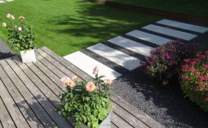 Gartenplanung und Gestaltung eines modern puristischem Gartens in Friedberg - Große, helle Trittplatten im Schottere führen von der Küchenterrasse zur Rasenfläche.