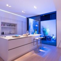 Ansicht durch die moderne Küche zur möblierten Küchenterrasse mit Bambus, blau beleuchtet.