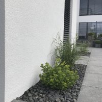 Modernes Gartendesign - Neugestaltung. Mit Gräsern bepflanztes Schotterbeet als Spritzschutz mit Edelstahlkante und Bodenplatten aus Beton.