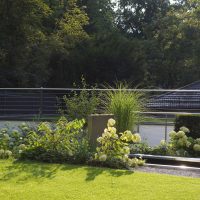 Gartenplanung eines modernen Gartens in Bad Homburg - Staudenbeet mit weißen Bauernhortensien und Ziergras, am Wasserbecken mit Wasserfall / Wasserwand aus Edelstahl.