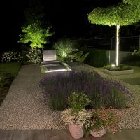 Moderner Garten, neu geplant und gestaltet - Beleuchtung Dachplatane und Wasserbecken aus Edelstahl mit Wasserwand. Bepflanzung des Kieswegs mit Inselbeet voller Lavendel und Eibenkissen, umrahmt durch Edelstahlkante.