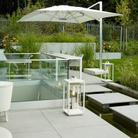 Gartenplanung | Moderner Garten | Wasserbecken Betonoptik mit Trittstufen | Ansicht Rasenfläche und Staudenbeete