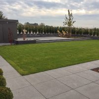 Klare Formgebung des modernen Gartens durch graue Gartenplatten, einer erhöhten Sitzfläche mit Gartenhaus in dunklem Grau. Bepflanzung mit Ziergräsern, Obstbäumen und Mistel.